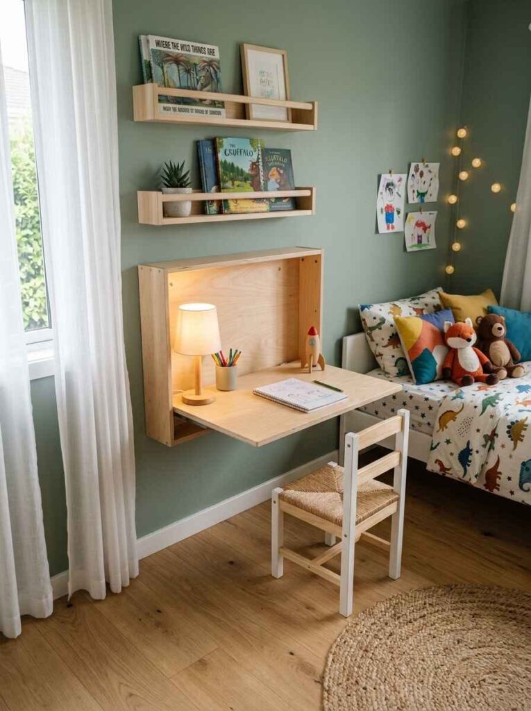Fold-down wall-mounted kids desk with interior shelving and floating book ledges on a sage green wall.