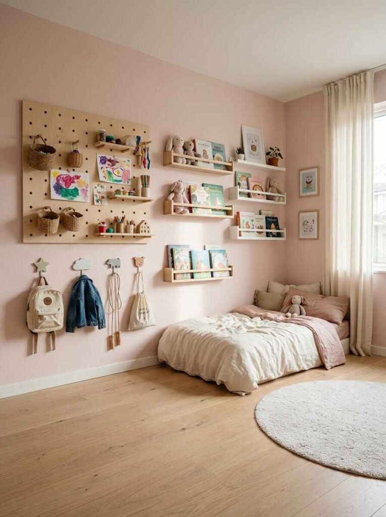 Space-saving wall organization in a kids room with a wooden pegboard, hanging baskets, and floating display ledges.