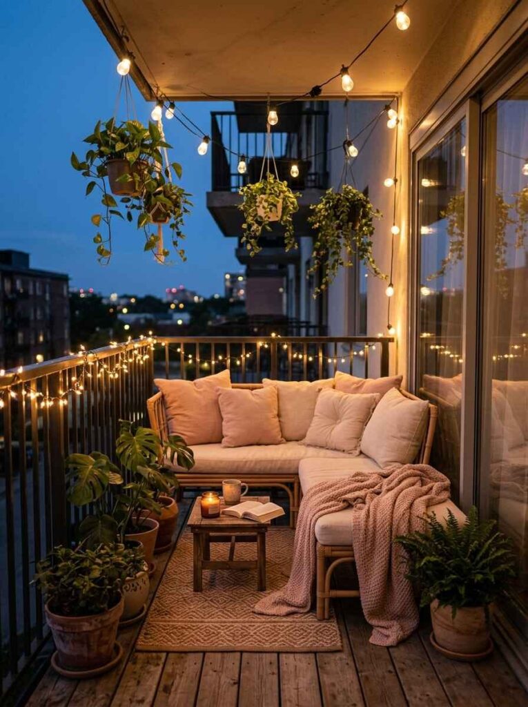 Evening apartment balcony illuminated with warm glowing globe string lights overhead and fairy lights along railings.