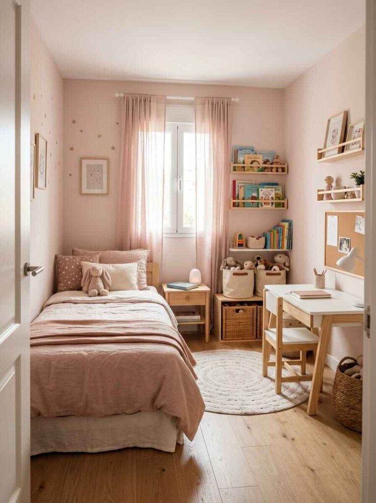 Neat and tidy small kids bedroom with made bed, cleared desk, and organized toy baskets ready for a weekly reset.